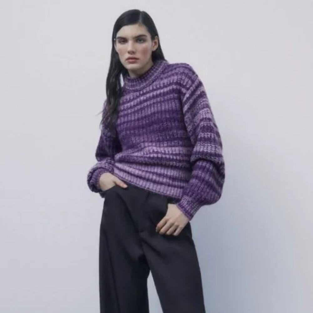 Zara Purple Striped Chunky Knit Mock Neck Pullover Sweater Size Small